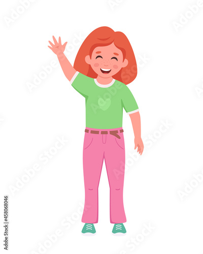 Girl smiling and waving hand. Elementary school student. Vector illustration © Amahce