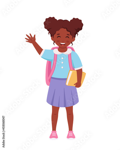 Black girl with backpack and book going to the school. Girl smiling and waving hand. Elementary school student. Vector illustration