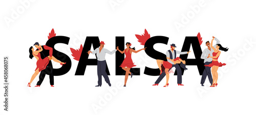 Word salsa in big letters and men and women dancing, flat vector illustration.