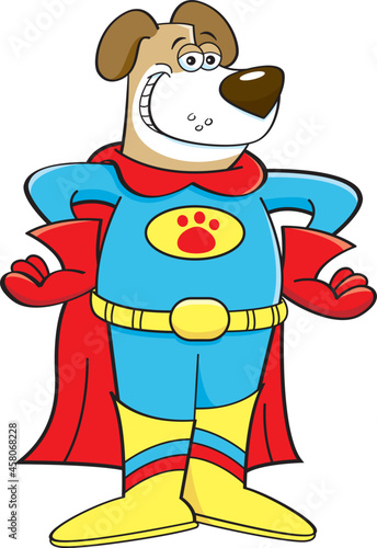 Cartoon illustration of a smiling dog wearing a super hero costume.