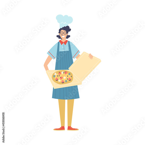 Cook or delivery man of restaurant with pizza flat vector illustration isolated.