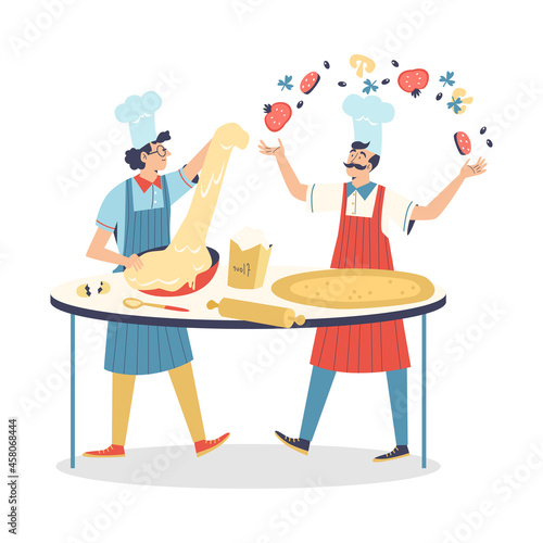 Funny italian pizza makers working with pizza dough and ingredients, flat vector.