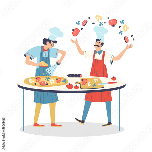 Cooks cutting cheese and pepperoni for pizza, flat vector illustration isolated.