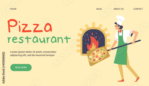 Site for pizza restaurant with cook prepares pizza, flat vector illustration.