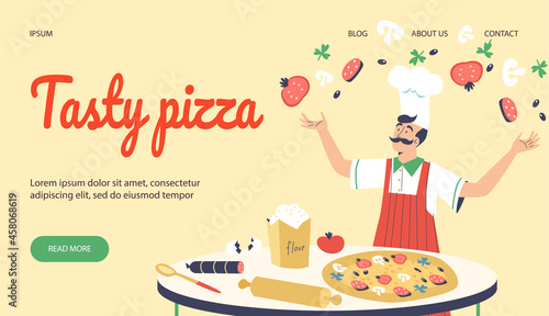 Site layout with chief cook preparing tasty pizza, flat vector illustration.