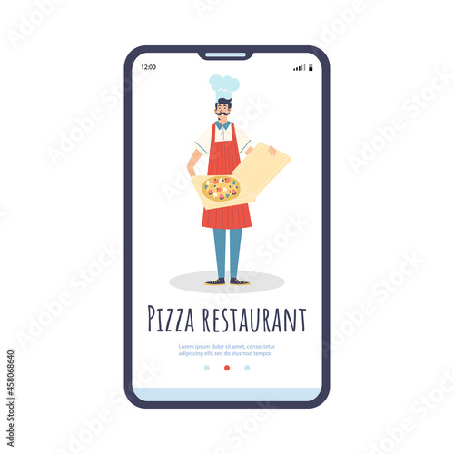 Pizza restaurant onboarding page with chief cook flat vector illustration.