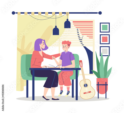 Woman talks and comforts teenager boy, flat vector illustration isolated.