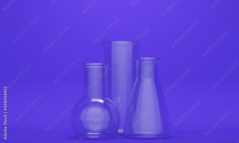 Chemical glass empty flasks on a lilac background. Science concept. 3d rendering Chemical glass empty flasks on a lilac background. Science concept. 3d rendering