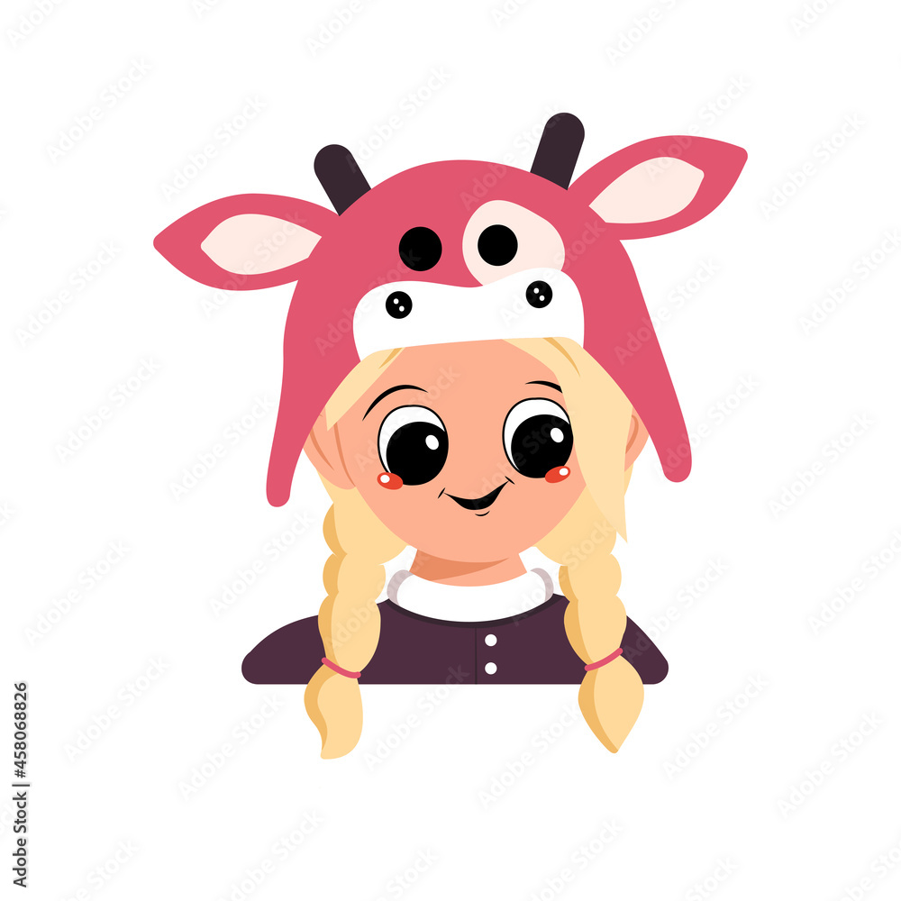 Fototapeta premium Avatar of a girl with blonde hair, big eyes and a wide happy smile in a cow hat. Head of a cute child with a joyful face in a carnival costume for the holiday or new year