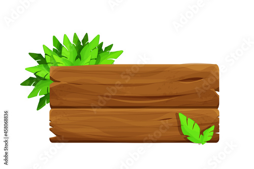 Old wood plank, signboard decorated palm leaves in cartoon style isolated on white background. Jungle, tropical element, textured and detailed board. Ui game asset