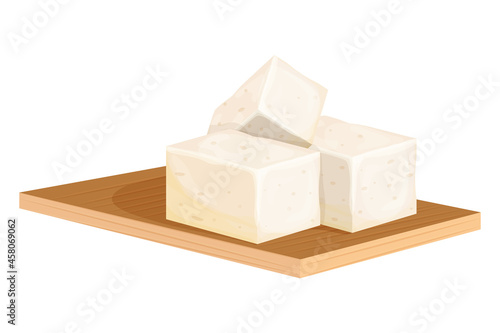 Pieces of tofu soy bean curd cheese on wooden board, cutting desk in cartoon style isolated on white background. Vegetarian protein, nutrition food, ingredient.
