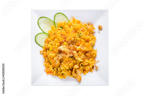 vietnamese cuisine, pilaf with long rice and chicken, on a white isolated background, top