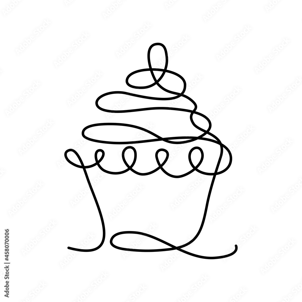 Hand drawn continuous line of cup cake isolated on white background. Sweet muffin one single line drawing. Vector line art illustration. Design cookies for card, banner, poster, flyer, shop Hand drawn continuous line of cup cake isolated on white background. Sweet muffin one single line drawing. Vector line art illustration. Design cookies for card, banner, poster, flyer, shop