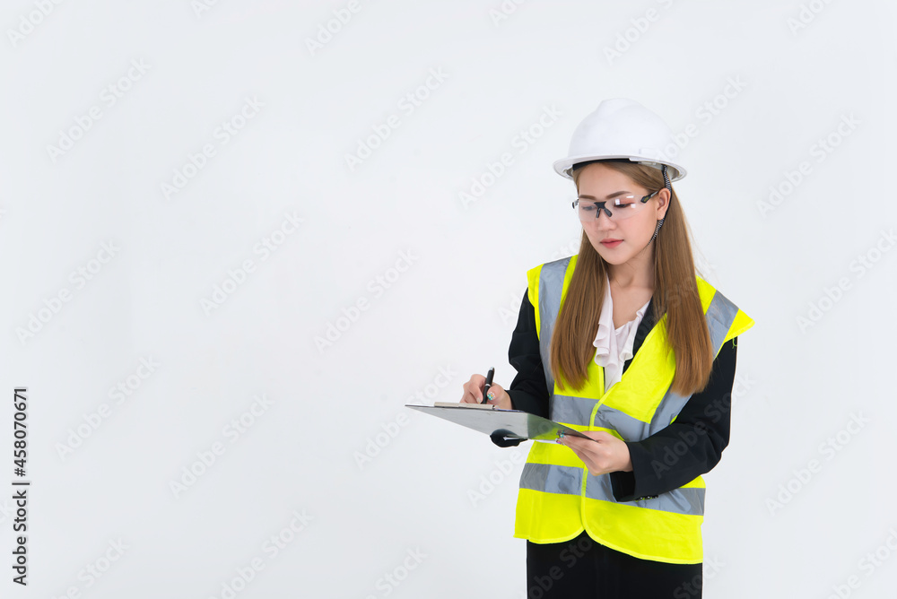 Fototapeta premium Beautiful asian Engineer woman Wear a suit, glasses and wearing a helmet on white background,Thailand people