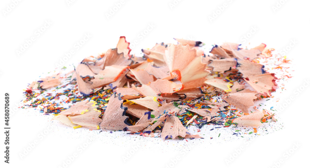 Heap of colorful pencil shavings on white background Heap of colorful pencil shavings on white background