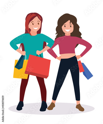 Two happy women go shopping. Big Sale.