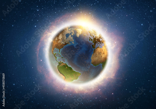 Fototapeta Naklejka Na Ścianę i Meble -  Global warming on Planet Earth, end of the World illustrated from space. 3D illustration - Elements of this image furnished by NASA.