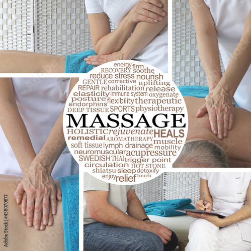 Slika na platnu Female Massage Therapist Collage Word Cloud - Four different massage techniques