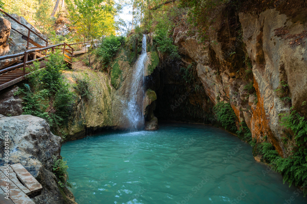 Beautiful waterfalls Degirmendere Selalesi in the nature of Side in Turkey with beautiful colors in the rocks. GIZLI CENNET