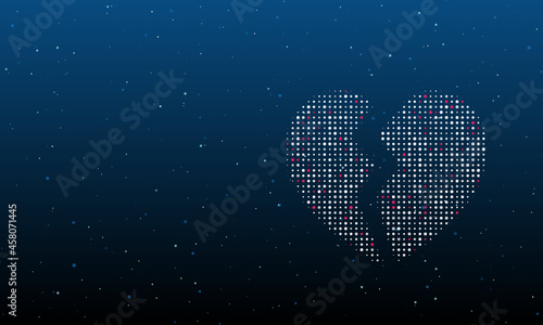 On the right is the broken heart symbol filled with white dots. Background pattern from dots and circles of different shades. Vector illustration on blue background with stars