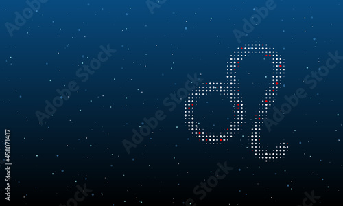On the right is the zodiac leo symbol filled with white dots. Background pattern from dots and circles of different shades. Vector illustration on blue background with stars