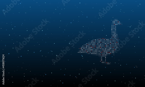 On the right is the goose symbol filled with white dots. Background pattern from dots and circles of different shades. Vector illustration on blue background with stars