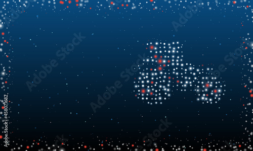 On the right is the tractor symbol filled with white dots. Pointillism style. Abstract futuristic frame of dots and circles. Some dots is red. Vector illustration on blue background with stars