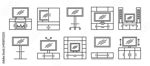TV stand line icon set. Vector illustration. Modern media console. Different led television tables. Entertainment center. Living room furniture signs. Isolated objects