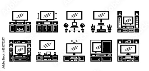 TV stand flat icon set. Vector illustration. Modern media console. Different led television tables with decor. Entertainment center. Living room furniture signs. Isolated objects