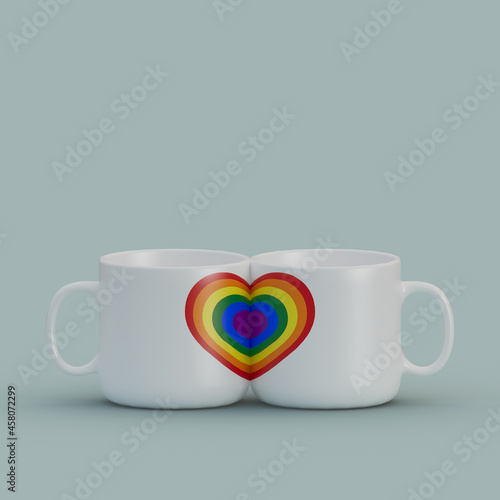 Obraz na plátne 3D illustration of two white matching mugs with a rainbow heart on a grayish-blu