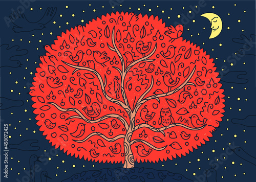 Tree and the birds vector linework illustration