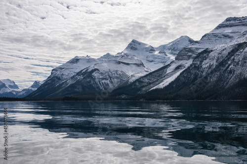 Canadian Rockies reflection on Maligne lake in Jasper national park, AB, Canada