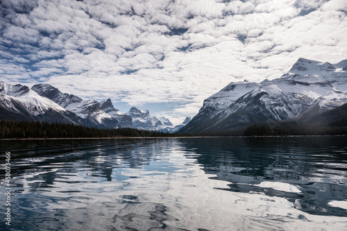 Canadian Rockies reflection on Maligne lake in Jasper national park, AB, Canada