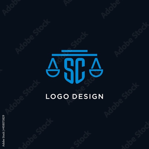 SC monogram initial logo with scales of justice icon design inspiration