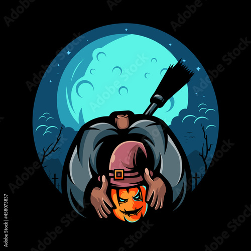 Scary halloween, severed pumpkin head carrying a broom in the back with a moon background.  illustration design vector