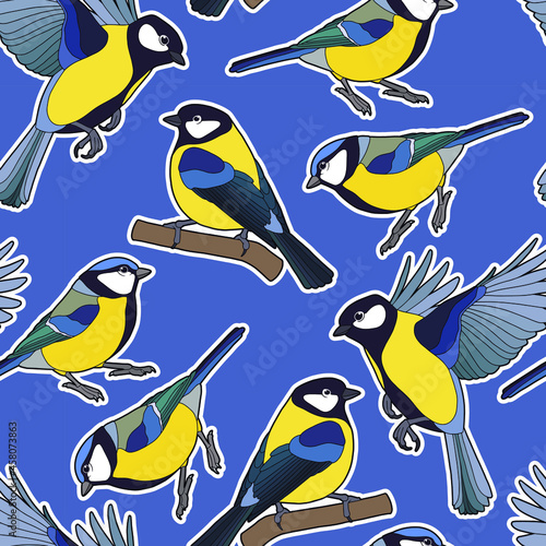 Seamless background. Beautiful tits. Yellow-blue little birds. 
