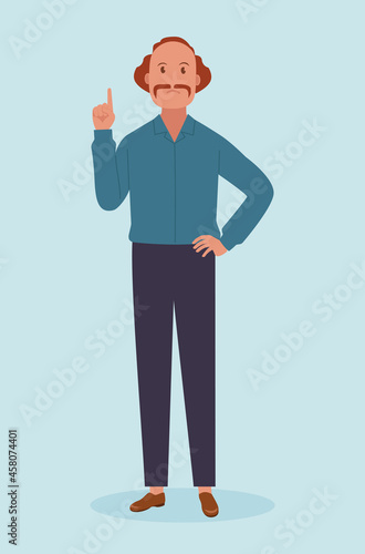 The man points up with his index finger. Vector illustration.