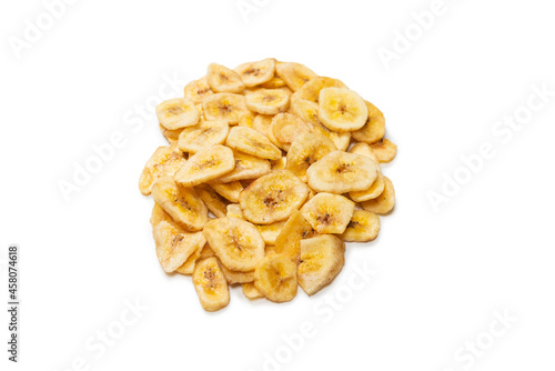 Banana chips isolated on a white background. Dehydrated banana.