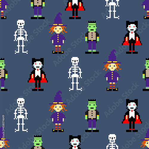 Halloween seamless pattern in style of eight-bit game. Pixel art. Texture for fabric, wrapping, wallpaper. Decorative print. Vector illustration