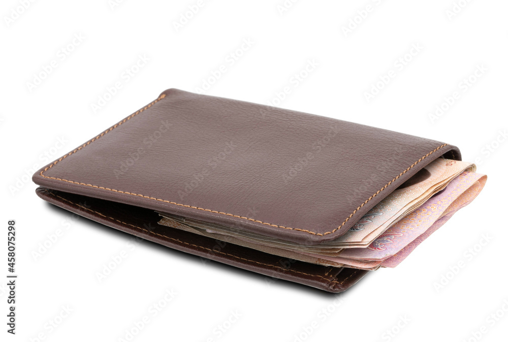 Brown genuine leather wallet with banknotes isolated on white background. Brown genuine leather wallet with banknotes isolated on white background.