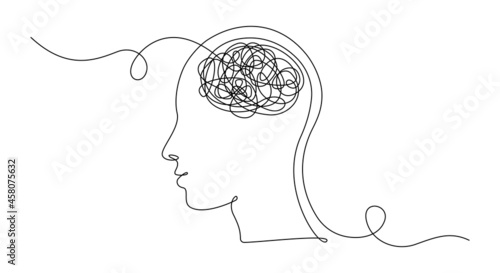 Continuous one line drawing of man head with messy thoughts worried about bad mental health. Problems, stress, headache and grief concept in doodle style. Linear Vector illustration