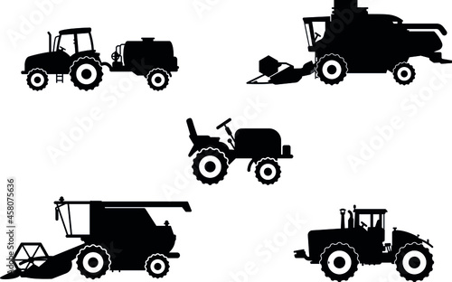Special machinery, set of construction equipment. Collection of silhouettes of working equipment and cars. Black vector illustration icon.