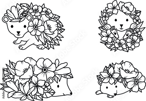 Vector doodle coloring book page cute hedgehog in flowers. Antistress for adults and children