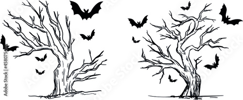 Set of halloween tree . Dead Branch from vector.Halloween tree by hand drawing.Black plant on white background.