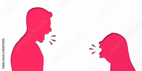 A man and a woman in a quarrel. Relationship problem. Conflicts. Misunderstanding. Understand opinion. Treason. Broken love. The concept of a quarrel between loved ones. Vector. Space for text.