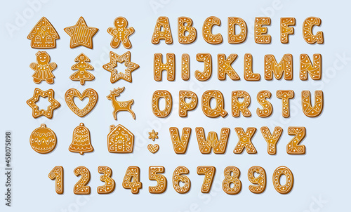 Christmas gingerbread alphabet font and numbers. Winter icing-sugar cookies in shape of gingerbread house and man, tree and reindeer, bell and star, snowflake and heart. Cartoon Vector illustration