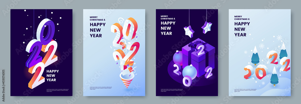 Happy New Year 2022 posters collection in isometric style. Greeting card template with isometric graphics and typography. Creative concept for banner, flyer, cover, social media. Vector illustration. - obrazy, fototapety, plakaty 