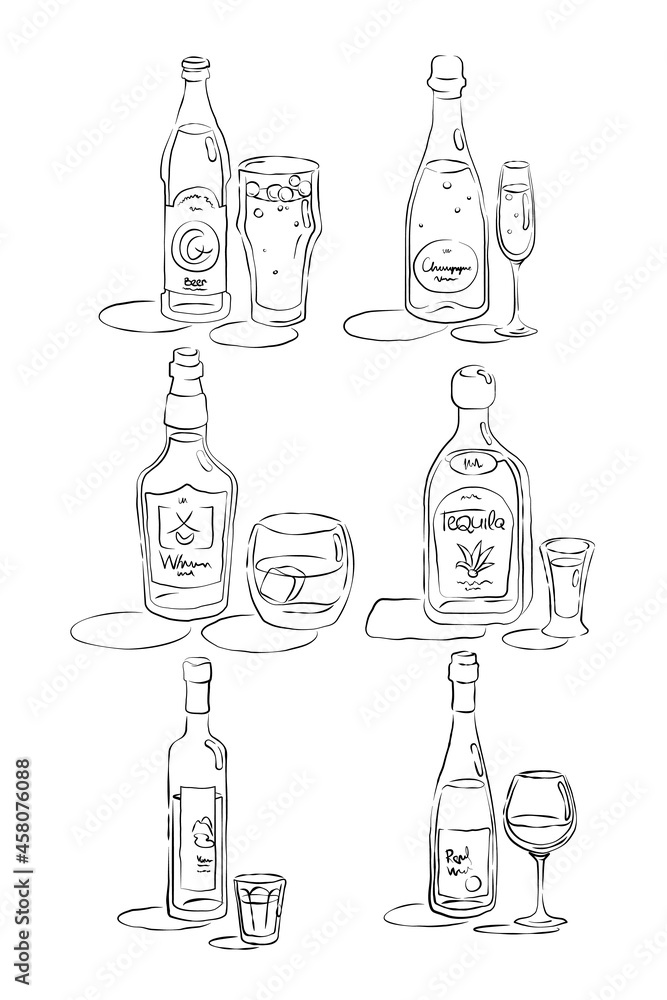 Bottle and glass beer, champagne, whiskey, tequila, vodka, wine together in hand drawn style. Restaurant beverage outline icon. Line art sketch. Black contour object on white background
