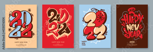Valokuva Happy New Year 2022 posters collection in graffiti style