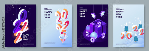 Happy New Year 2022 posters collection in isometric style. Greeting card template with isometric graphics and typography. Creative concept for banner, flyer, cover, social media. Vector illustration.